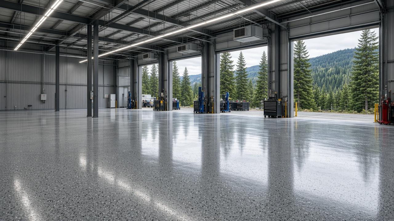 Epoxy flooring Kelowna — finished garage floor with vinyl flake coating